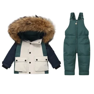 Ensemble Ski Enfant Hiver Chaud – Manteau Doublé Fourrure & Salopette